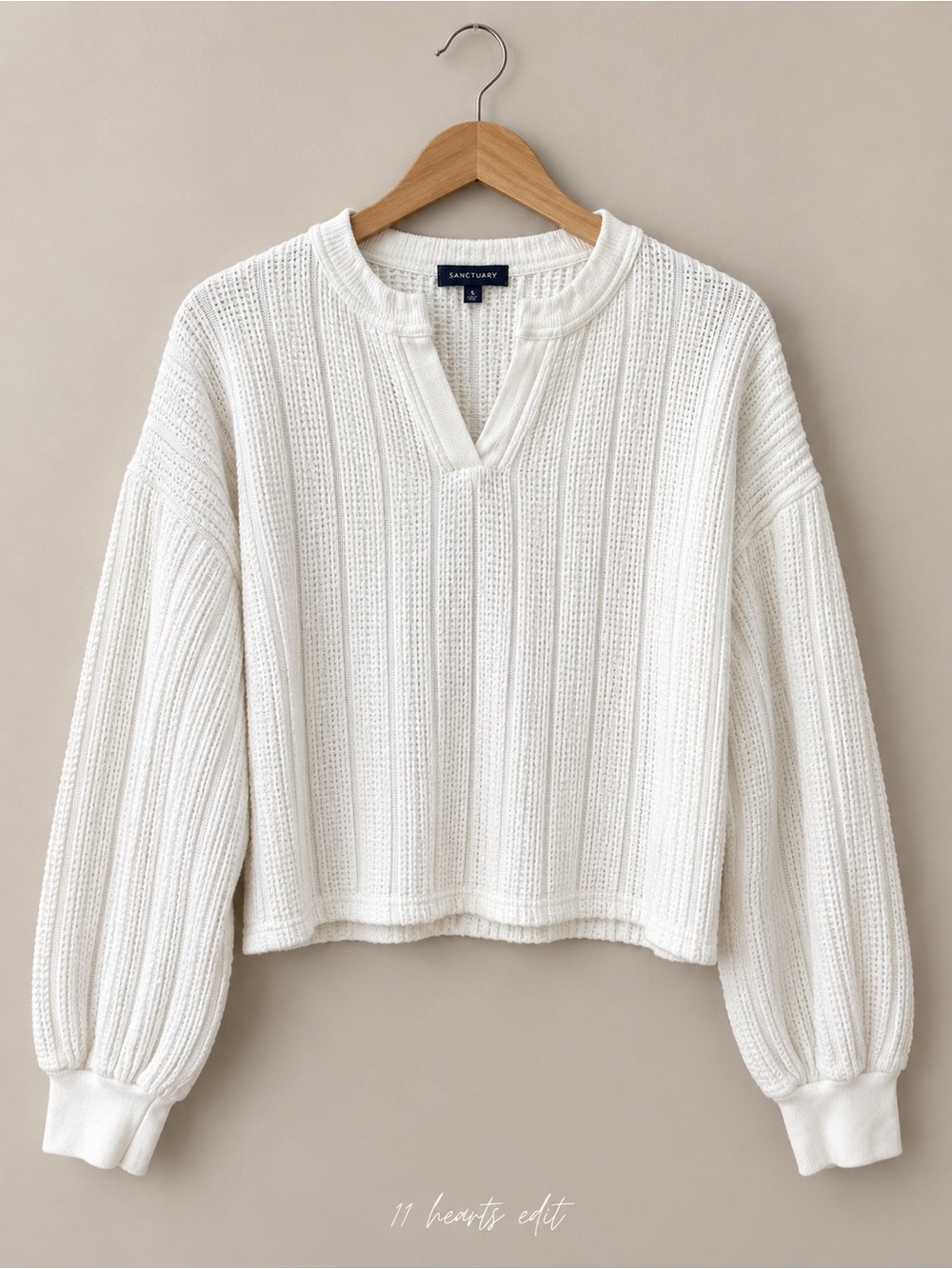 Sanctuary White Textured Split-Neck Balloon Sleeve Sweatshirt Small